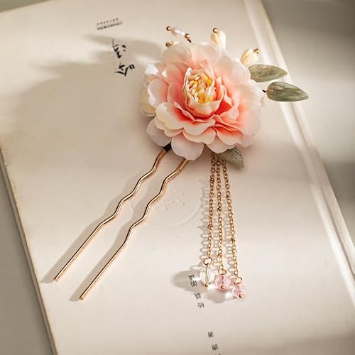 Rote Seidenblume, Perlen und Blätterquasten, chinesische Hanfu- und Haar-Retroblume mit handgefertigter Metall-Haarspange für Frauen und Mädchen mit langem Haar von generic