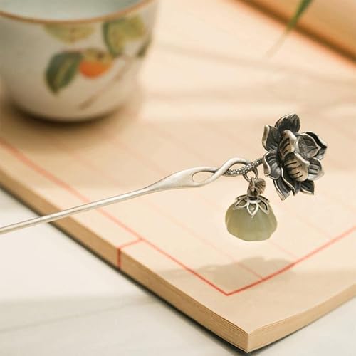 Silberne Haarnadel mit Lotusblume, chinesischer Hanfu-Stil, Haarstäbe, Retro, handgefertigt, Haarspange, Haarschmuck für Frauen und Mädchen mit langem Haar (Lotusblume) von generic