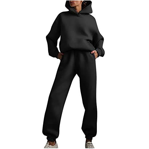 Trainingsanzug Damen Unisex Zweiteiler Leichte Freizeitanzug Solid Casual Hosenanzug Fitness Freizeit Hoodie Frauen Langarm Sporthose SetTracksuit (Black, XXL) von generic