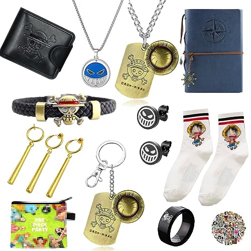 XHBTS 65 Set konform One Piece Ohrringe Ring Socken Brieftasche Armband Anime Armbänder Halskette Schlüsselanhänger Notebooks und Anime Aufkleber für Männer Jungen Kappe Cosplay von generic