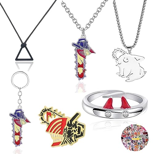 XHBTS Kettensägen-Halskette, Schlüsselanhänger, Power-Ringe und 50 Aufkleber, Anime-Teufel-Schmuck, Kettensägen-Halsketten, Cosplay-Fingerring, [Legierung", "Kunststoff"], Perle von generic