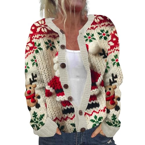 Damen Weihnachten Strickjacke leichte lange Ärmel Button Oberteile Damen Chunky Rentier gedruckt Strickjacken lose lustige Weihnachten Schneemann Baum Grafik Pullover Größe Größen Strickpullover von generisch