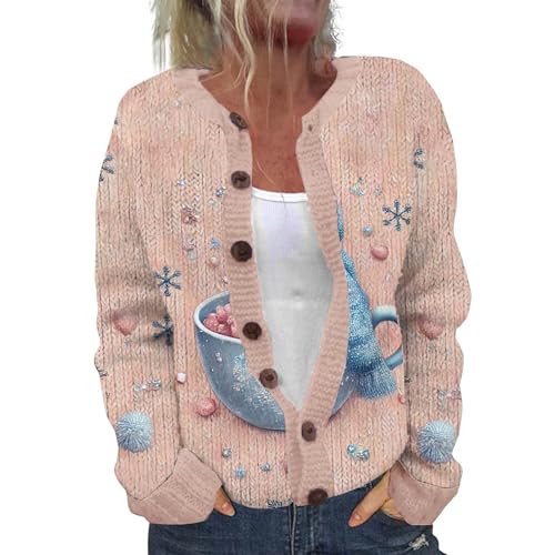 Damen Weihnachten Strickjacke leichte lange Ärmel Button Oberteile Damen Chunky Rentier gedruckt Strickjacken lose lustige Weihnachten Schneemann Baum Grafik Pullover Größe Größen Strickpullover von generisch