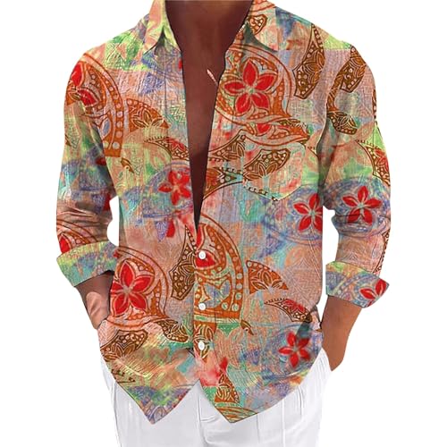 Hawaii Hemd MäNner Langarm Baumwolle - Langarmhemd Herren Hawaii Baumwolle Leinenhemd Revers Hemden Mit Brusttasche Freizeithemd Mit Bedrucken LäSsig Langarm Strandhemd Herrenhemden Hawaiihemd Hemd von generisch