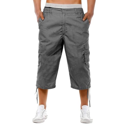 Herren Cargo Shorts 3/4 Bermuda Freizeit Hose Capri mit verschließbaren Seiten Taschen Herren Cargo Shorts Stretch Hose mit Taschen und Kordel Kurze Hose Sporthose Loose Fit Bermuda Stretch L von generisch