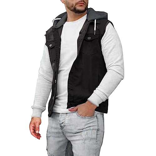Herren Jeansjacke mit Kapuze Sweatjacke Denim Vintage Jeans-Jacke für Männer Denim Weste Slim-Fit Freizeit Hoodie Übergangsjacke Jeansweste Herren Denim Biker Weste Jeans L von generisch