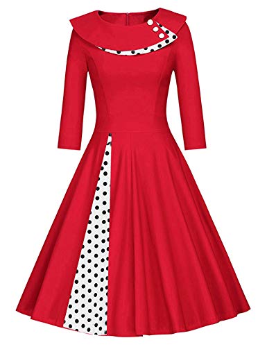 JIER Damen 50er Jahre Vintage Langarm KleidRockabilly Kleid Knielang Festlich Kleid Faltenrock mit Gepunkt Elegant A-Linie Petticoat Kleid Cocktailkleid (Rot,Large) von generisch