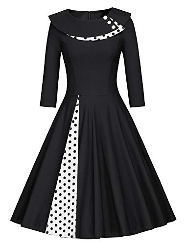 JIER Damen 50er Jahre Vintage Langarm KleidRockabilly Kleid Knielang Festlich Kleid Faltenrock mit Gepunkt Elegant A-Linie Petticoat Kleid Cocktailkleid (Schwarz,Large) von generisch