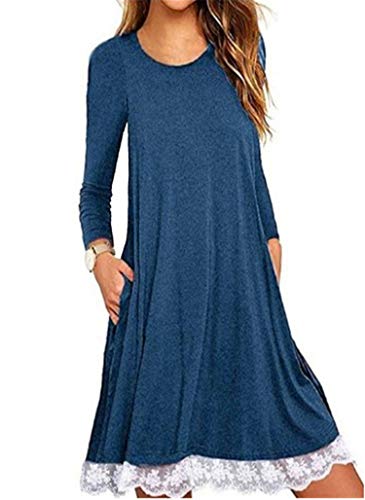 JIER Damen Langarm Lose Kleider mit Taschen Rundhals Spitze Pullover Kleid Bluse Langarmshirt Tunika Baumwollspitze T-Shirt Strickkleid Stretch Skaterkleid (Dunkelblau,Medium) von generisch