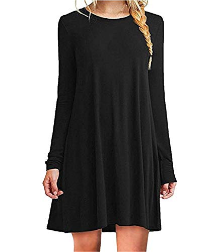 JIER Damen Langarm Lose Rundhals Kleid Casual Tunika T-Shirt Kleid MiniKleid Winterkleid Brautkleid Einfaches Kleider Basic A-Linie Skaterkleid Fließendes Kleid (Schwarz,X-Large) von generisch