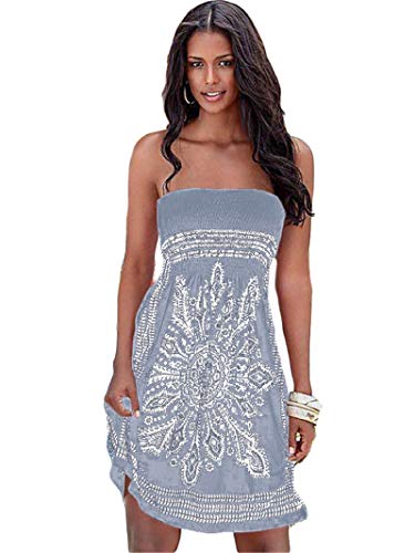 JIER Damen Schulterfrei Sommer Bandeau Strandkleid Flora Muster Bunt Boho Stil Casual Mini Strandkleider Neckholder Cover Ups Kleid ärmelloses Strand Abendkleid (Grau,Large) von generisch