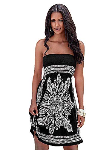 JIER Damen Schulterfrei Sommer Bandeau Strandkleid Flora Muster Bunt Boho Stil Casual Mini Strandkleider Neckholder Cover Ups Kleid ärmelloses Strand Abendkleid (Schwarz,X-Large) von generisch