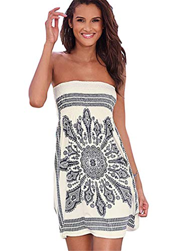 JIER Damen Schulterfrei Sommer Bandeau Strandkleid Flora Muster Bunt Boho Stil Casual Mini Strandkleider Neckholder Cover Ups Kleid ärmelloses Strand Abendkleid (Weiß,Medium) von generisch