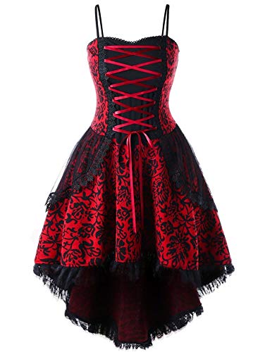 JIER Damen Steampunk Corsagen Kleid Sexy Burleske Vollbrust Corsage Rock Korsett Vintage Kleid Asymmetrischer Karneval Gothic Cosplay Kostüm (Rot,Large) von generisch