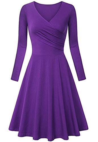 JIER Damen V-Ausschnitt Skaterkleid Langarm Elegant Etuikleid Kleid Baumwolle Kleider A-Linie Wickelkleid Vintage Knielang Abendkleid Rockabilly Kleider (Lila,Medium) von generisch