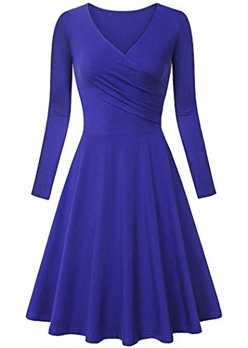 JIER Damen V-Ausschnitt Skaterkleid Langarm Elegant Etuikleid Kleid Baumwolle Kleider A-Linie Wickelkleid Vintage Knielang Abendkleid Rockabilly Kleider (Navy blau,X-Large) von generisch