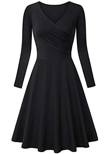 JIER Damen V-Ausschnitt Skaterkleid Langarm Elegant Etuikleid Kleid Baumwolle Kleider A-Linie Wickelkleid Vintage Knielang Abendkleid Rockabilly Kleider (Schwarz,Large) von generisch