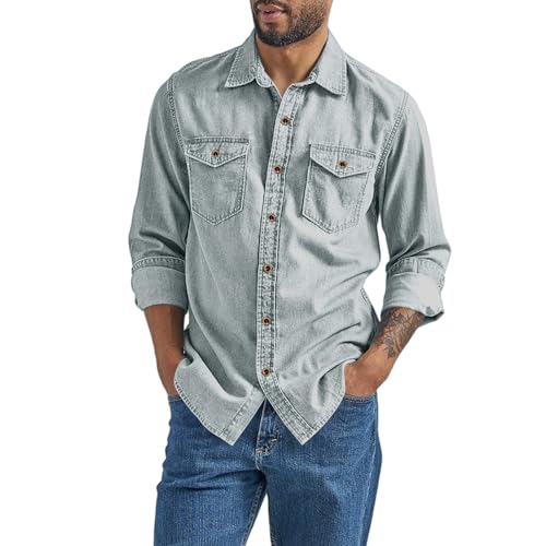 Jeans Hemd Herren Langarm - Hemden Herren Mit 2 Klappentasche Regular Fit Denim Hemdjacke Button-Down Langarmhemd LangäRmeliges Jeanshemd Cowboy-Style Kent-Kragen Businesshemd Männer Freizeit Hemd von generisch