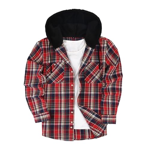 Kariert Hemd Herren Langarm mit Kapuze Freizeithemd Knopfleiste Check Shirt Casual Atmungsaktiv Baumwollhemd Weich Leicht Holzfäller Jacke Regular Fit Herren Hemd Kariert Freizeithemd von generisch