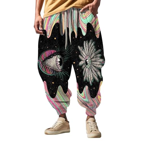 Leinen Herren-Hosen Leinenhose Herren Sommerhosen Herren Lang mit Taschen Elastischer Bund Universal Fit Haremshose Pumphose Aladinhose Pluderhose Yoga Goa Sarouel Baggy Aladin Freizeithose Herren von generisch
