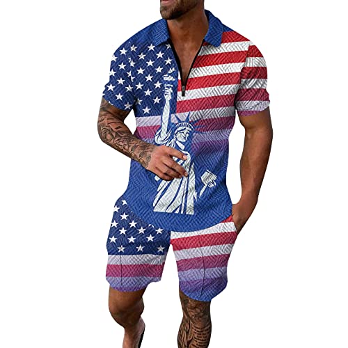 Sportanzug Herren Kurz Jogginganzug USA Flagge Unisex US Flag Trainingsanzug Große Größen Freizeit Zweiteiliger Anzug Sommer Rundhals Kurzarm T-Shirt Shorts Set mit Kordelzug von generisch
