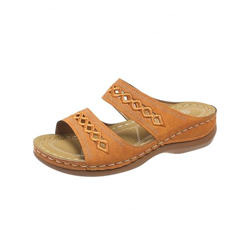 generisch Bequeme Schuhe Damen Wasserdicht Damen Strand Hausschuhe mit Slope Heel Hohl Casual Hausschuhe Slope Bottom Schuhe Retro Sandalen Schuhe Damen 39 Freizeit (Yellow, 43) von generisch