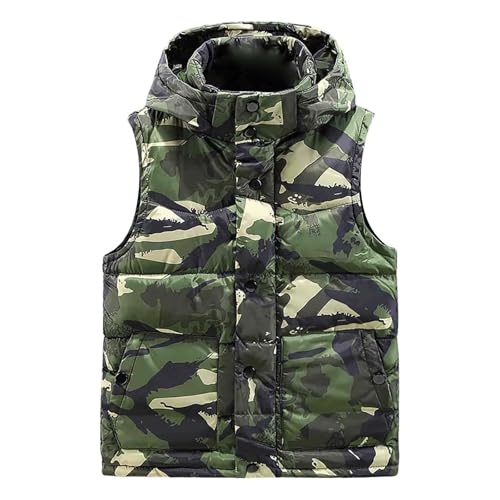 generisch Herren Winterweste Camouflage Steppweste Leicht Stehkragen Winterweste Outdoor Dicke Freizeitweste mit Reißverschluss Softshell Ärmellose Gilet Jacke Wärme Sport Weste mit Kaupze 4XL von generisch