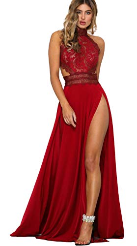 generisch JIER Damen Split Lang Spitzenkleid Sommer Maxi Hoch Split Spitzen Abend Rückenfrei Party Kleid Elegant Spitzen Abendkleid Cocktailkleid Maxi Kleid Neckholder (Rot,Small) von generisch