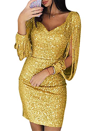 generisch JIER Damen V-Ausschnitt Glänzend Partykleid Fransen Langarm Sexy Cocktailkleid für Hochzeit Paillettenkleid Abendkleider Elegante Festliches Kleid Glitzer Abendkleid (Gelb,XXX-Large) von generisch