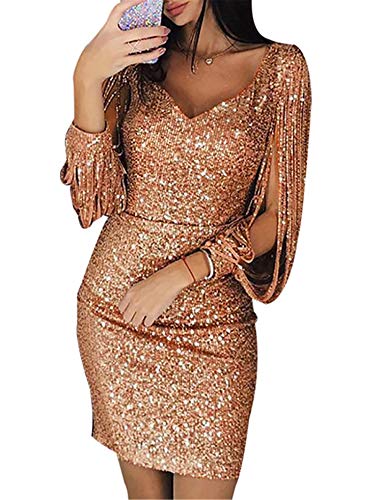 generisch JIER Damen V-Ausschnitt Glänzend Partykleid Fransen Langarm Sexy Cocktailkleid für Hochzeit Paillettenkleid Abendkleider Elegante Festliches Kleid Glitzer Abendkleid (Rose Gold,Medium) von generisch