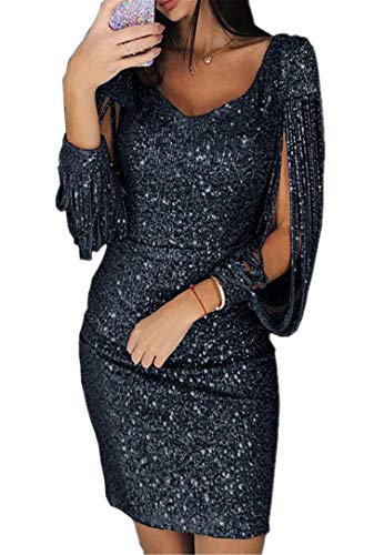 generisch JIER Damen V-Ausschnitt Glänzend Partykleid Fransen Langarm Sexy Cocktailkleid für Hochzeit Paillettenkleid Abendkleider Elegante Festliches Kleid Glitzer Abendkleid (Schwarz,Large) von generisch