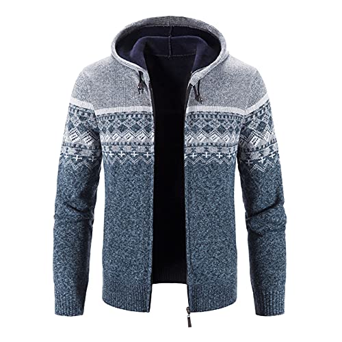 generisch Men 's Winter Sweater Jacke Longarm Thick Plus Fleece-Kapuze mit Diamant-Block-Check-Pulli Hoodie Herren Blau (Grey, XXXL) von generisch