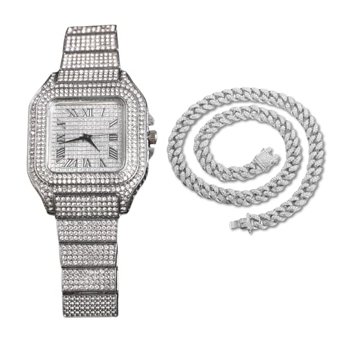 Genkigold Diamantuhr für Herren – 40mm Römische Ziffern Quadratisches Zifferblatt – Platin Plattiert 22cm Armband – Japanisches Quarzwerk – Luxusschmuck – Kombiniert mit Cuban-Kette 45cm Genkigold Diamantuhr für Herren – 40mm Römische Ziffern Quadratisches Zifferblatt – Platin Plattiert 22cm Armband – Japanisches Quarzwerk – Luxusschmuck – Kombiniert mit Cuban-Kette 45cm von genkigold