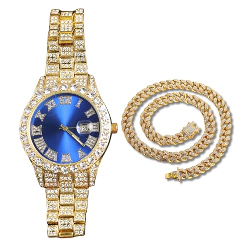 Genkigold Diamantuhr für Herren – 40mm Römische Ziffern Rundes Zifferblatt in Blau – 18K Echtgold Plattiert 22cm Armband – Japanisches Quarzwerk – Luxusschmuck – Kombiniert mit Cuban-Kette 45cm Genkigold Diamantuhr für Herren – 40mm Römische Ziffern Rundes Zifferblatt in Blau – 18K Echtgold Plattiert 22cm Armband – Japanisches Quarzwerk – Luxusschmuck – Kombiniert mit Cuban-Kette 45cm von genkigold