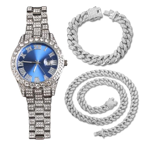 Genkigold Diamantuhr für Herren – 40mm Römische Ziffern Rundes Zifferblatt in Blau – Platin Plattiert 22cm Armband – Japanisches Quarzwerk – Luxusschmuck – Kombiniert mit Cuban-Ketten 20cm+45cm Genkigold Diamantuhr für Herren – 40mm Römische Ziffern Rundes Zifferblatt in Blau – Platin Plattiert 22cm Armband – Japanisches Quarzwerk – Luxusschmuck – Kombiniert mit Cuban-Ketten 20cm+45cm von genkigold