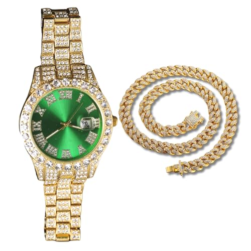 Genkigold Diamantuhr für Herren – 40mm Römische Ziffern Rundes Zifferblatt in Grün – 18K Echtgold Plattiert 22cm Armband – Japanisches Quarzwerk – Luxusschmuck – Kombiniert mit Cuban-Kette 45cm Genkigold Diamantuhr für Herren – 40mm Römische Ziffern Rundes Zifferblatt in Grün – 18K Echtgold Plattiert 22cm Armband – Japanisches Quarzwerk – Luxusschmuck – Kombiniert mit Cuban-Kette 45cm von genkigold
