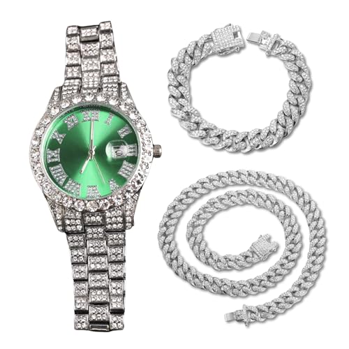 Genkigold Diamantuhr für Herren – 40mm Römische Ziffern Rundes Zifferblatt in Grün – Platin Plattiert 22cm Armband – Japanisches Quarzwerk – Luxusschmuck – Kombiniert mit Cuban-Ketten 20cm+45cm Genkigold Diamantuhr für Herren – 40mm Römische Ziffern Rundes Zifferblatt in Grün – Platin Plattiert 22cm Armband – Japanisches Quarzwerk – Luxusschmuck – Kombiniert mit Cuban-Ketten 20cm+45cm von genkigold