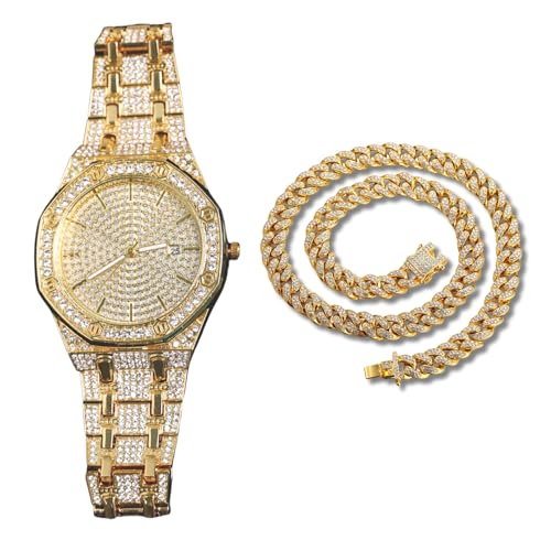 Genkigold Diamantuhr für Herren – 41mm Römische Ziffern Achteckiges Zifferblatt – 18K Echtgold Plattiert 22cm Armband – Japanisches Quarzwerk – Luxusschmuck – Kombiniert mit Cuban-Kette 45cm Genkigold Diamantuhr für Herren – 41mm Römische Ziffern Achteckiges Zifferblatt – 18K Echtgold Plattiert 22cm Armband – Japanisches Quarzwerk – Luxusschmuck – Kombiniert mit Cuban-Kette 45cm von genkigold