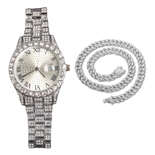 Genkigold Diamantuhr für Herren – 43mm Römische Ziffern Rundes Zifferblatt – Platin Plattiert 22,5cm Armband – Japanisches Quarzwerk – Luxusschmuck – Kombiniert mit Cuban-Kette 45cm Genkigold Diamantuhr für Herren – 43mm Römische Ziffern Rundes Zifferblatt – Platin Plattiert 22,5cm Armband – Japanisches Quarzwerk – Luxusschmuck – Kombiniert mit Cuban-Kette 45cm von genkigold
