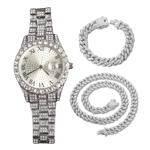 Genkigold Diamantuhr für Herren – 43mm Römische Ziffern Rundes Zifferblatt – Platin Plattiert 22,5cm Armband – Japanisches Quarzwerk – Luxusschmuck – Kombiniert mit Cuban-Ketten 20cm+45cm Genkigold Diamantuhr für Herren – 43mm Römische Ziffern Rundes Zifferblatt – Platin Plattiert 22,5cm Armband – Japanisches Quarzwerk – Luxusschmuck – Kombiniert mit Cuban-Ketten 20cm+45cm von genkigold