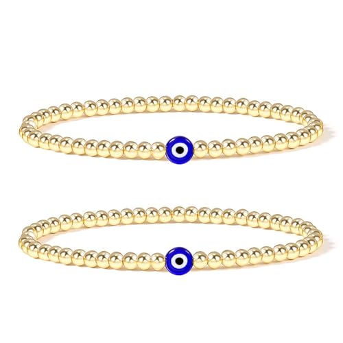 genkigold Böser-Blick-Glücksarmband,Exquisites Armband aus 18k Echtgold Plattiertes Perlen mit Blauem Augenperle - Stretch-Armband Geschenk für Beste Freunde,Paare,Familienmitglieder(2-teiliges Set) von genkigold