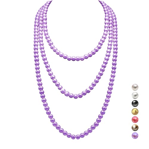 genkigold Lange Perlenkette für Frauen der 1920er Jahre - PARIS - Natürliche Kulturperlen - Luxuriöse 8mm Strangperlen mit Zeitloser Eleganz Länge 150cm(60") - für Jeden Anlass - Lila von genkigold
