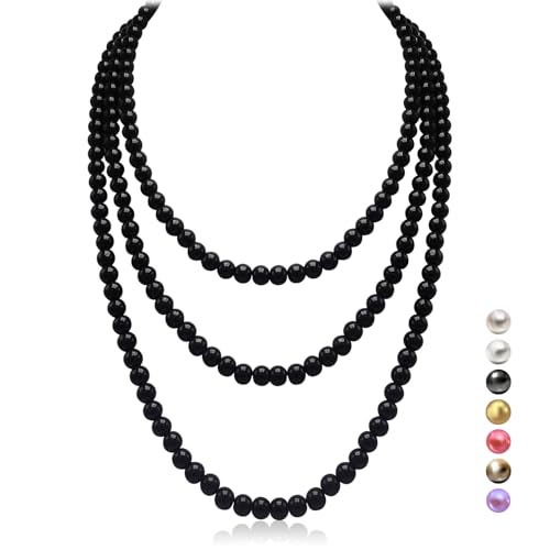 genkigold Lange Perlenkette für Frauen der 1920er Jahre - PARIS - Natürliche Kulturperlen - Luxuriöse 8mm Strangperlen mit Zeitloser Eleganz Länge 150cm(60") - für Jeden Anlass - Schwarz von genkigold