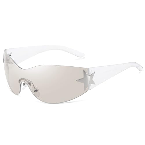 genkigold Y2K Sonnenbrillen für Frauen und Männer: Trendige Übergroße Rahmenlose Sonnenbrillen mit Stern, Schutzschild Wrap Around, Modisches Geschenk, Dampfklar genkigold Y2K Sonnenbrillen für Frauen und Männer: Trendige Übergroße Rahmenlose Sonnenbrillen mit Stern, Schutzschild Wrap Around, Modisches Geschenk, Dampfklar von genkigold