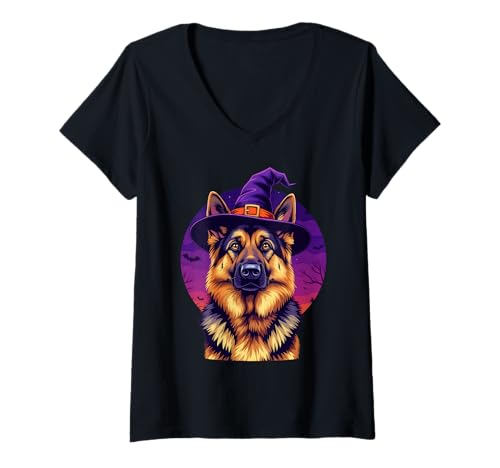 Damen Deutscher Schäferhund Halloween kostüm gruselige Oktober Nacht T-Shirt mit V-Ausschnitt von german shepherd halloween spooky dog design