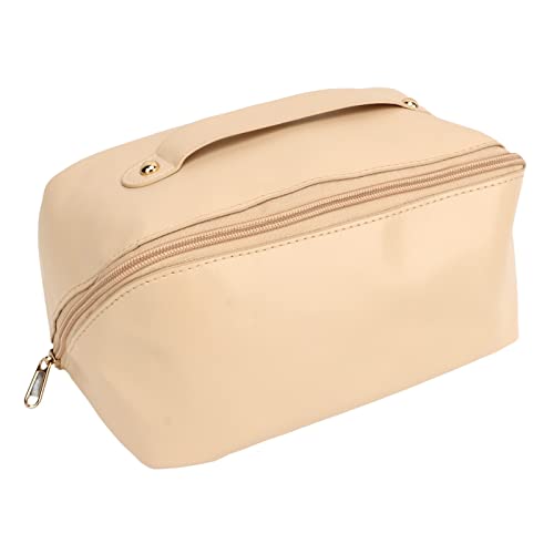 Make-up-Tasche, Outdoor-Kosmetiktasche mit Großem Fassungsvermögen, wasserdichte Reise-Make-up-Tasche aus PU-Leder für Frauen, Tragbare Kosmetik-Reisetasche mit Griff (Beige) von gernie