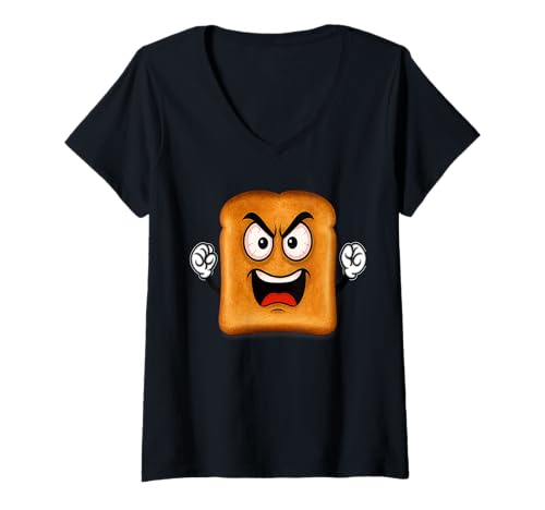 Damen Scheibe getoastetes Toast Brot mit Comic Augen und Fäusten T-Shirt mit V-Ausschnitt Damen Scheibe getoastetes Toast Brot mit Comic Augen und Fäusten T-Shirt mit V-Ausschnitt von geröstetes Brot aus dem Toaster lustig für Lacher