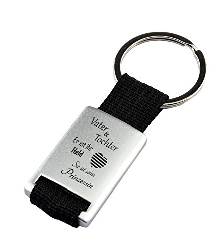 Schlüsselanhänger mit Stoffband und Gravur "Vater & Tochter - Er ist ihr Held/Sie ist seine Prinzessin" als Geschenk zum Vatertag, Geburtstag oder zu Weihnachten von geschenke-fabrik.de