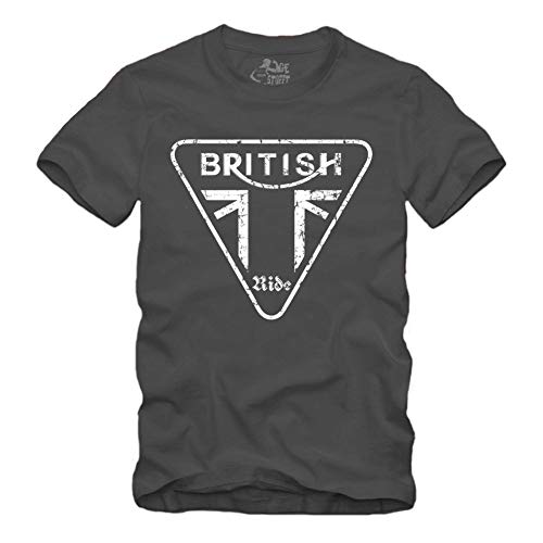 British Ride - T-Shirt Geschenk für Motorradfahrer Biker Union Jack Trible RS (L, Grau) von gestofft