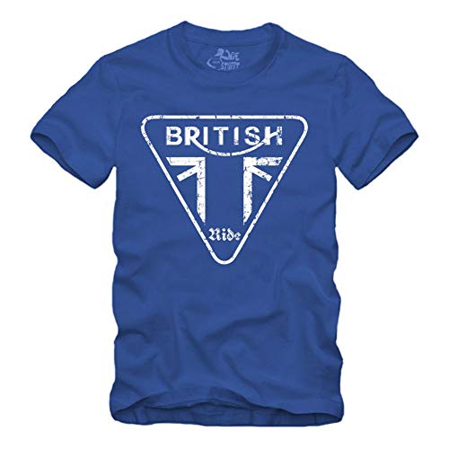 British Ride - T-Shirt Geschenk für Motorradfahrer Biker Union Jack Trible RS (M, Blau) von gestofft